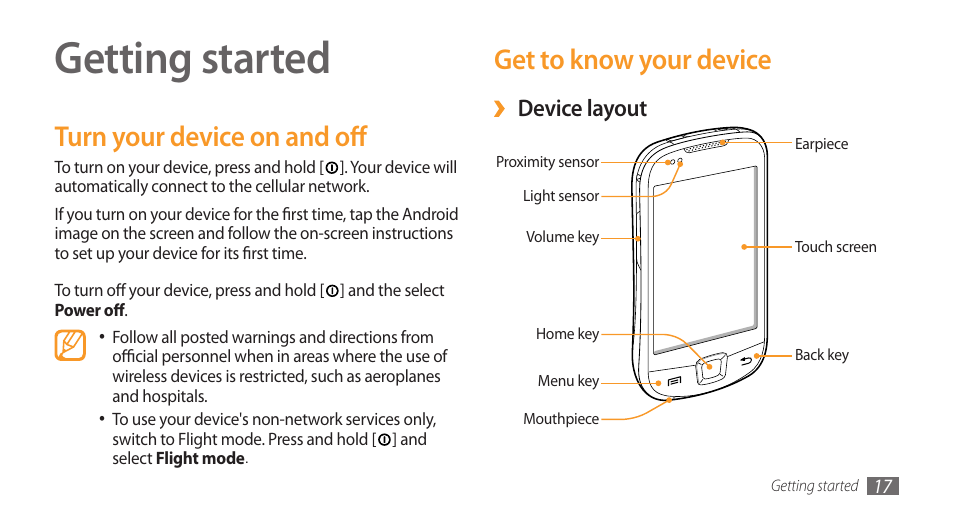 Getting started, Turn your device on and off, Get to know your device | Device layout | Samsung Galaxy 3 User Manual | Page 17 / 128