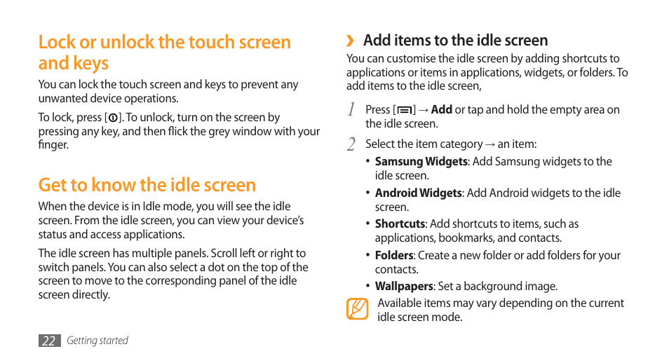 Lock or unlock the touch screen and keys, Get to know the idle screen, Add items to the idle screen | Samsung Galaxy 3 User Manual | Page 22 / 128