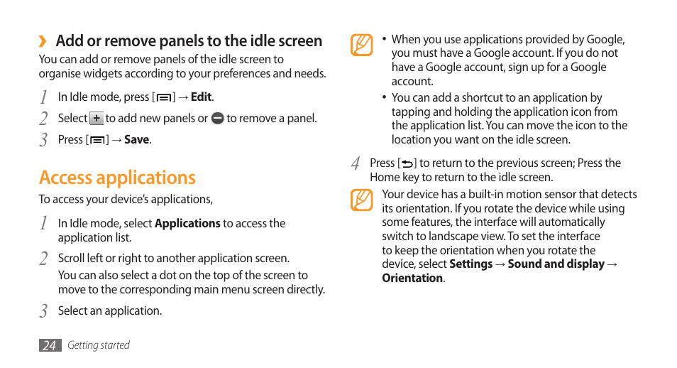 Access applications, Add or remove panels to the idle screen | Samsung Galaxy 3 User Manual | Page 24 / 128