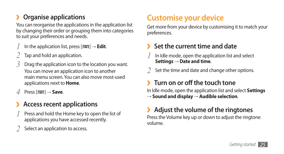 Customise your device | Samsung Galaxy 3 User Manual | Page 25 / 128