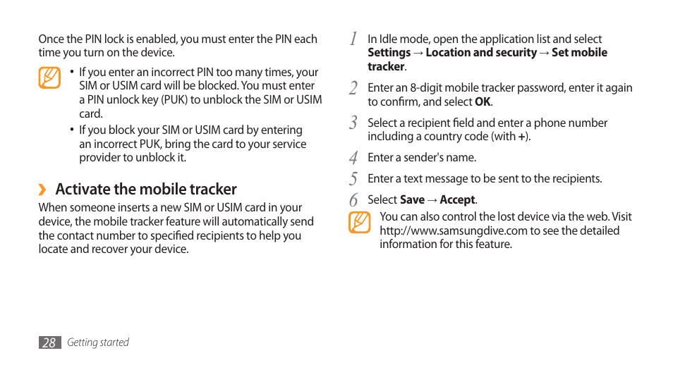 Activate the mobile tracker | Samsung Galaxy 3 User Manual | Page 28 / 128