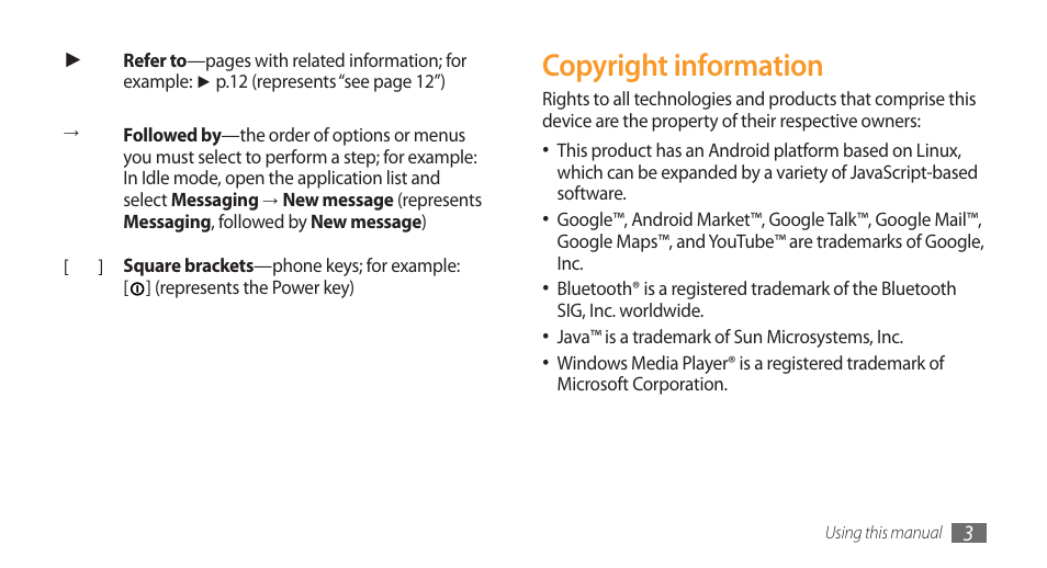 Copyright information | Samsung Galaxy 3 User Manual | Page 3 / 128