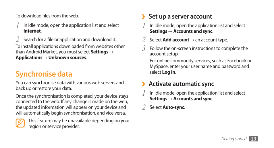 Synchronise data | Samsung Galaxy 3 User Manual | Page 33 / 128