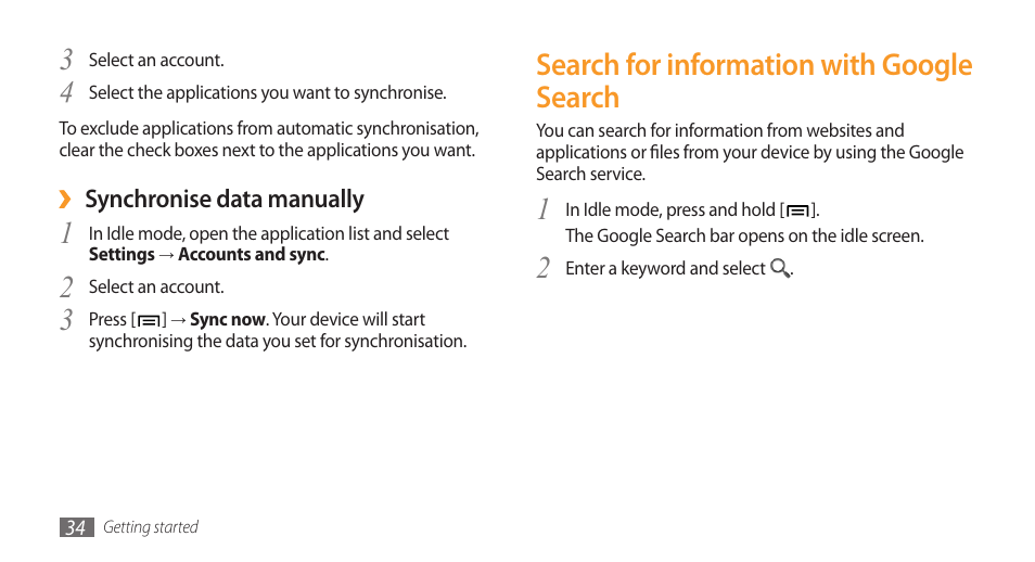 Search for information with google search | Samsung Galaxy 3 User Manual | Page 34 / 128