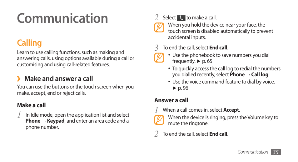 Communication, Calling | Samsung Galaxy 3 User Manual | Page 35 / 128