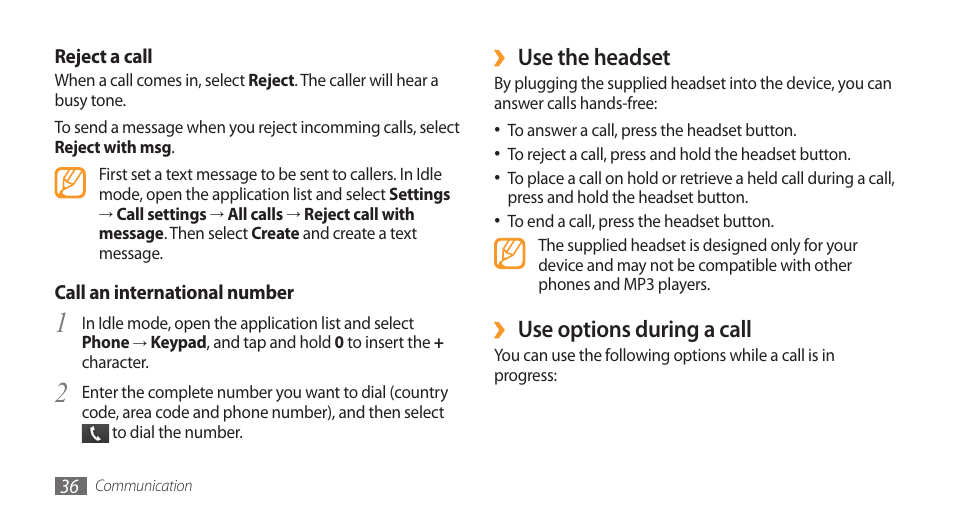 Use the headset, Use options during a call | Samsung Galaxy 3 User Manual | Page 36 / 128