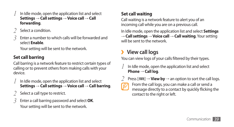 View call logs | Samsung Galaxy 3 User Manual | Page 39 / 128