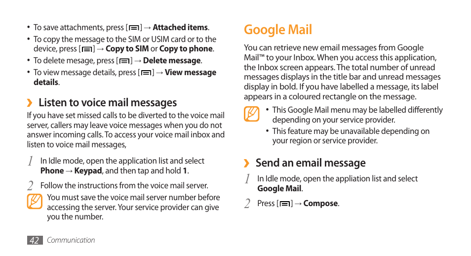 Google mail, Send an email message, Listen to voice mail messages | Samsung Galaxy 3 User Manual | Page 42 / 128