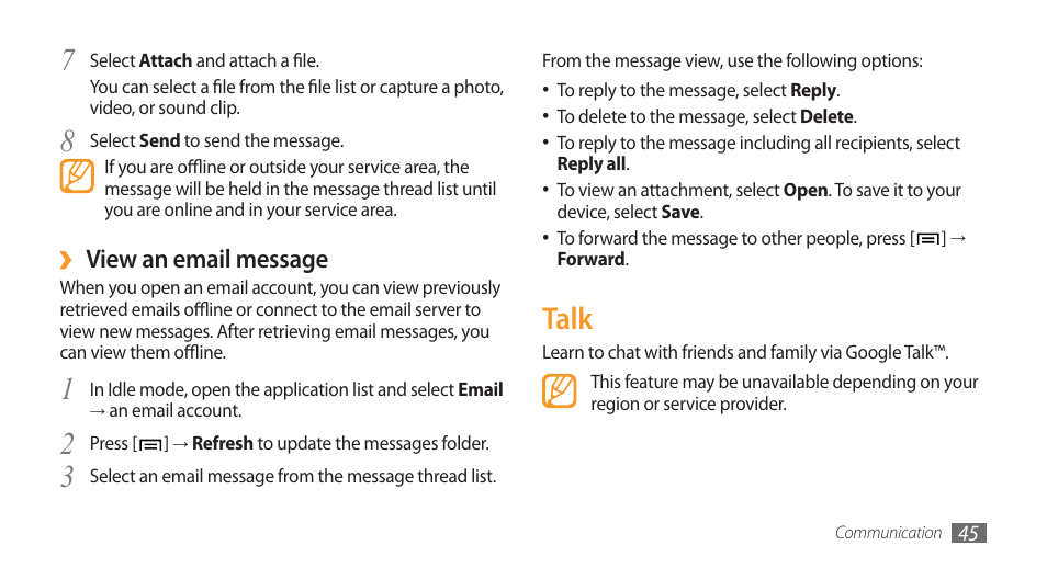 Talk, View an email message | Samsung Galaxy 3 User Manual | Page 45 / 128