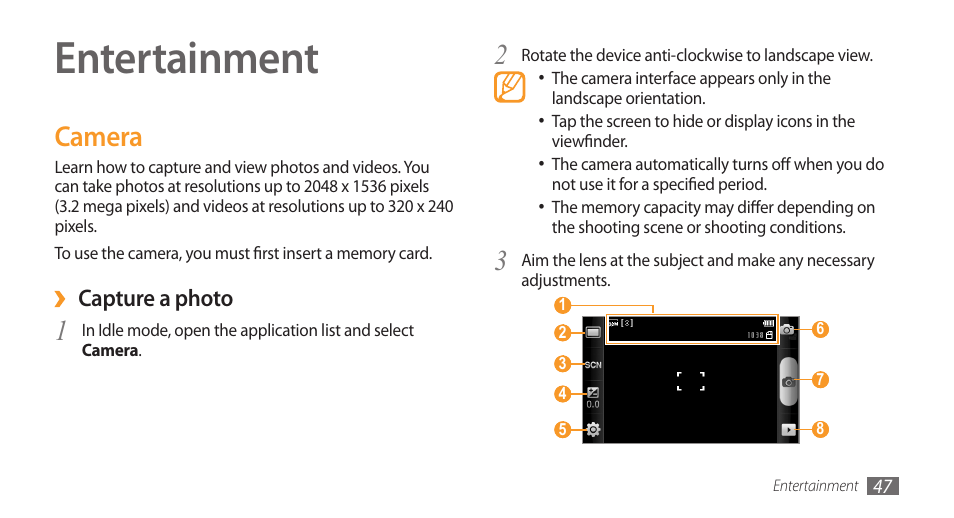 Entertainment, Camera | Samsung Galaxy 3 User Manual | Page 47 / 128