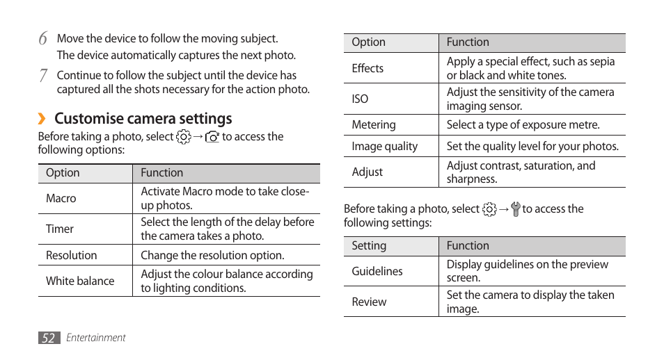 Customise camera settings | Samsung Galaxy 3 User Manual | Page 52 / 128