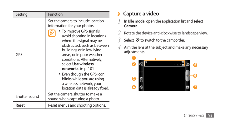 Capture a video | Samsung Galaxy 3 User Manual | Page 53 / 128
