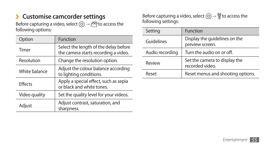 Customise camcorder settings | Samsung Galaxy 3 User Manual | Page 55 / 128
