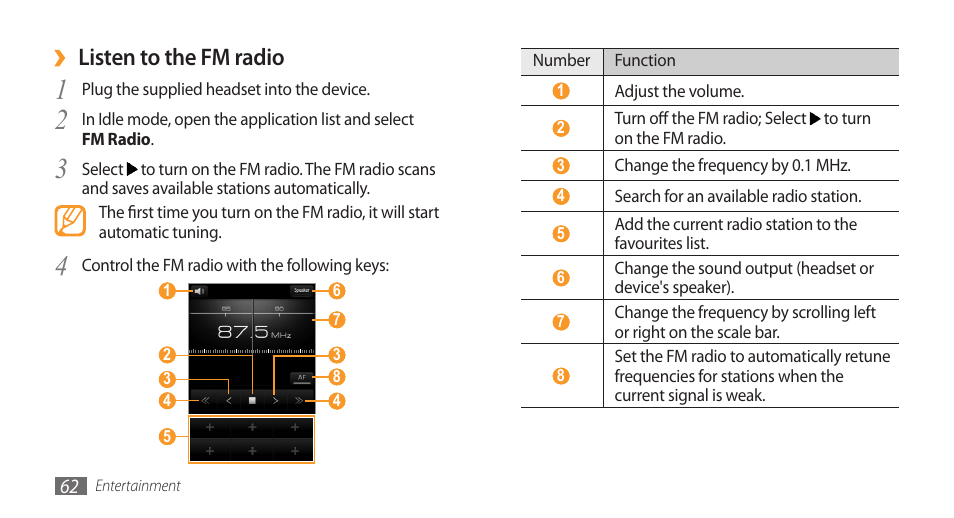 Listen to the fm radio | Samsung Galaxy 3 User Manual | Page 62 / 128