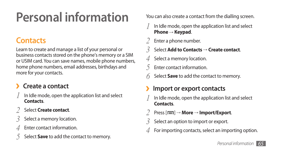 Personal information, Contacts | Samsung Galaxy 3 User Manual | Page 65 / 128