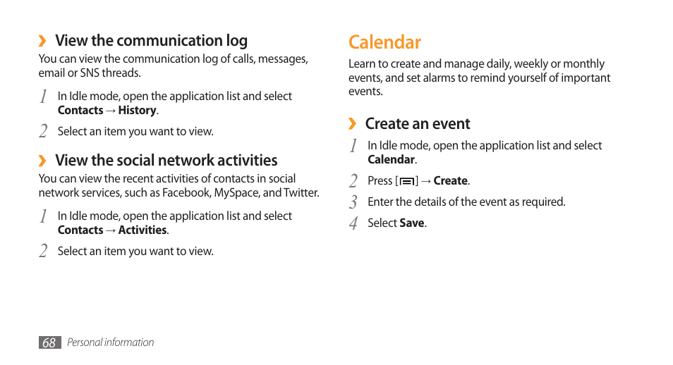 Calendar | Samsung Galaxy 3 User Manual | Page 68 / 128
