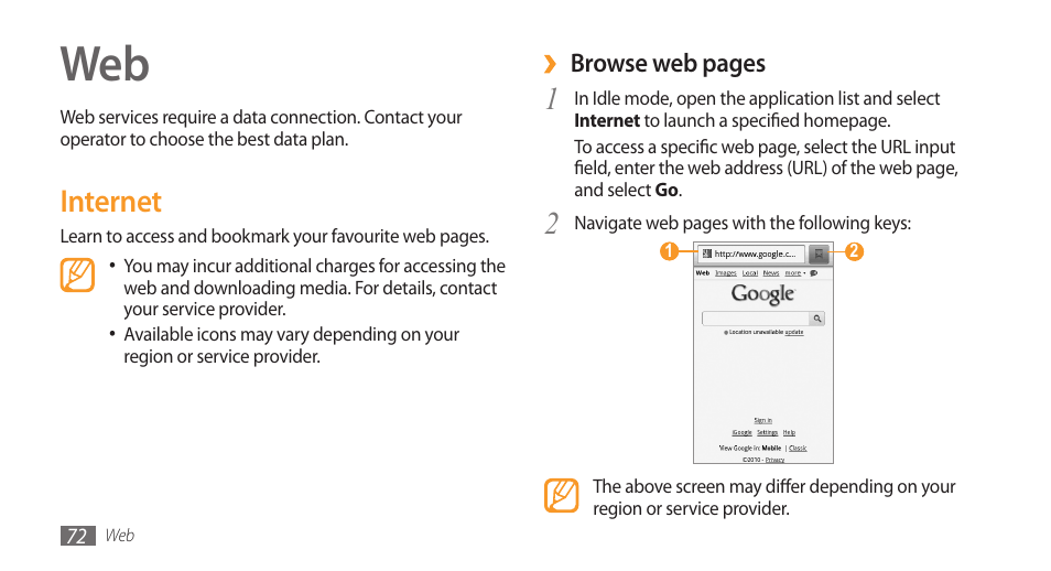 Internet | Samsung Galaxy 3 User Manual | Page 72 / 128