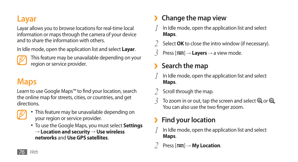 Layar, Maps | Samsung Galaxy 3 User Manual | Page 76 / 128