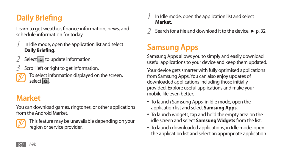 Samsung apps, Daily briefing, Market | Samsung Galaxy 3 User Manual | Page 80 / 128
