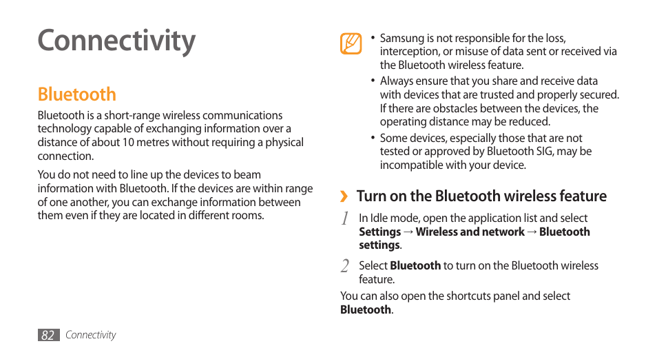 Connectivity, Bluetooth | Samsung Galaxy 3 User Manual | Page 82 / 128