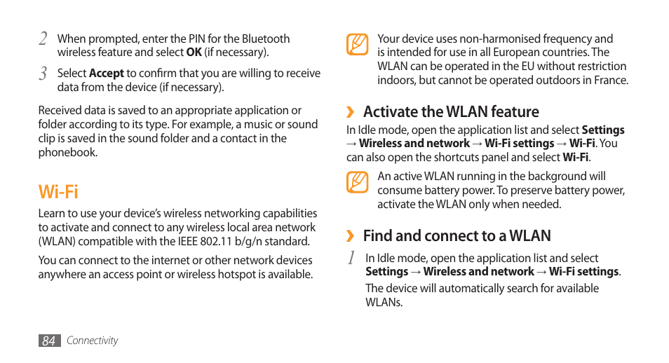 Wi-fi, Activate the wlan feature, Find and connect to a wlan | Samsung Galaxy 3 User Manual | Page 84 / 128