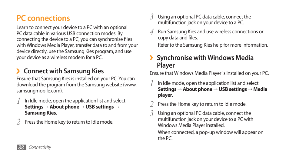 Pc connections | Samsung Galaxy 3 User Manual | Page 88 / 128