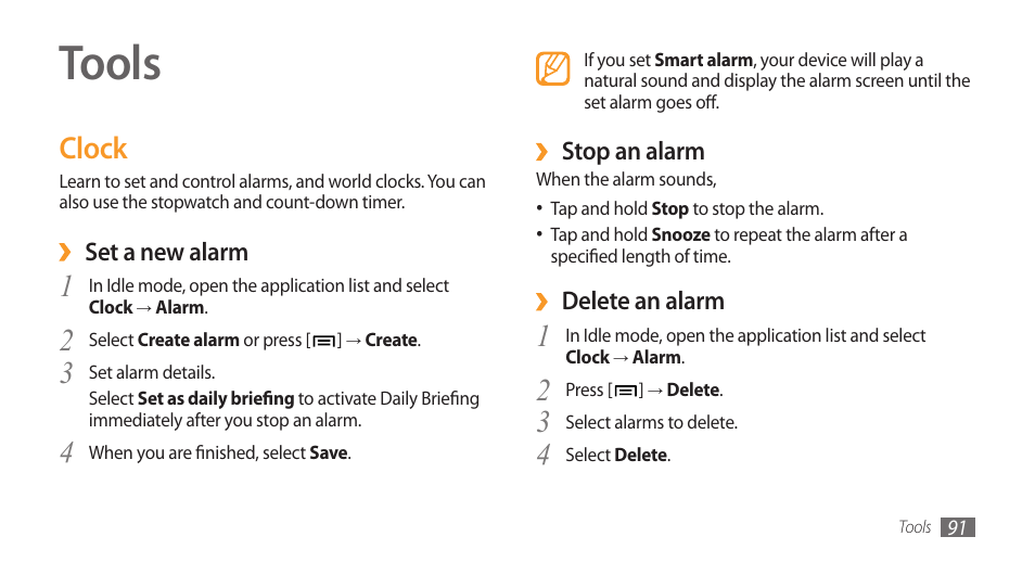 Tools, Clock | Samsung Galaxy 3 User Manual | Page 91 / 128