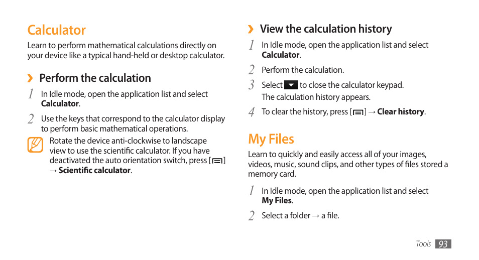 My files, Calculator | Samsung Galaxy 3 User Manual | Page 93 / 128