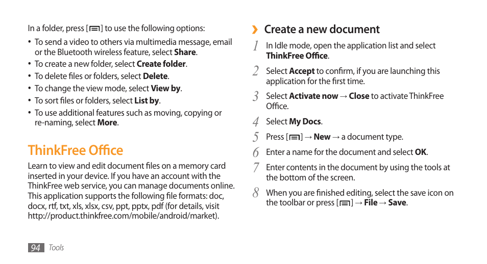 Thinkfree office, Create a new document | Samsung Galaxy 3 User Manual | Page 94 / 128