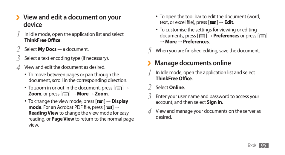 View and edit a document on your, Device, Manage documents online | Samsung Galaxy 3 User Manual | Page 95 / 128