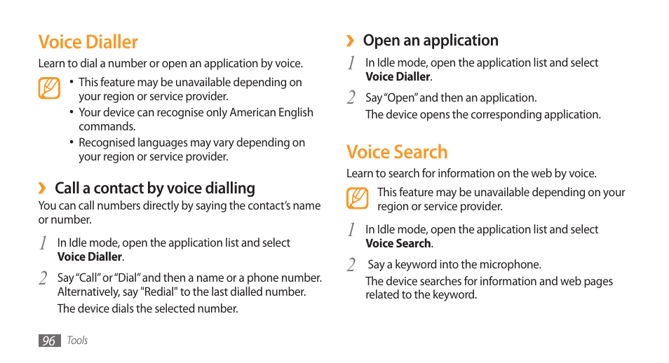 Voice dialler, Voice search | Samsung Galaxy 3 User Manual | Page 96 / 128