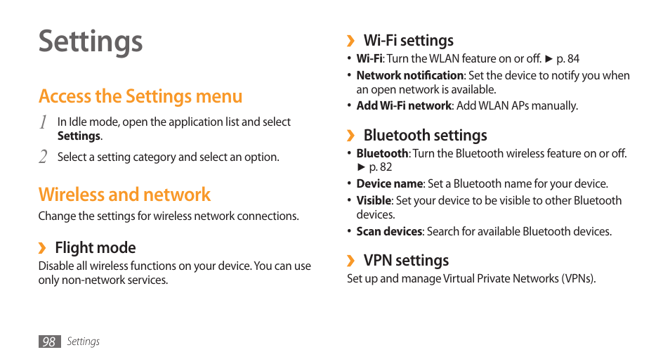 Settings, Access the settings menu, 2wireless and network | Samsung Galaxy 3 User Manual | Page 98 / 128