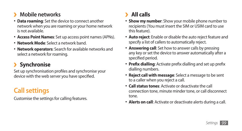 Call settings, All calls, Mobile networks | Synchronise | Samsung Galaxy 3 User Manual | Page 99 / 128