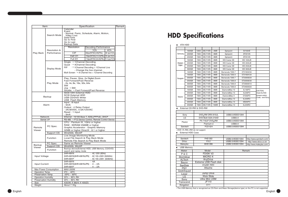 Hdd specifications | Samsung SHR-4081N/P User Manual | Page 100 / 105
