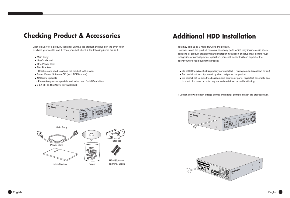 Checking product & accessories, Additional hdd installation | Samsung SHR-4081N/P User Manual | Page 11 / 105