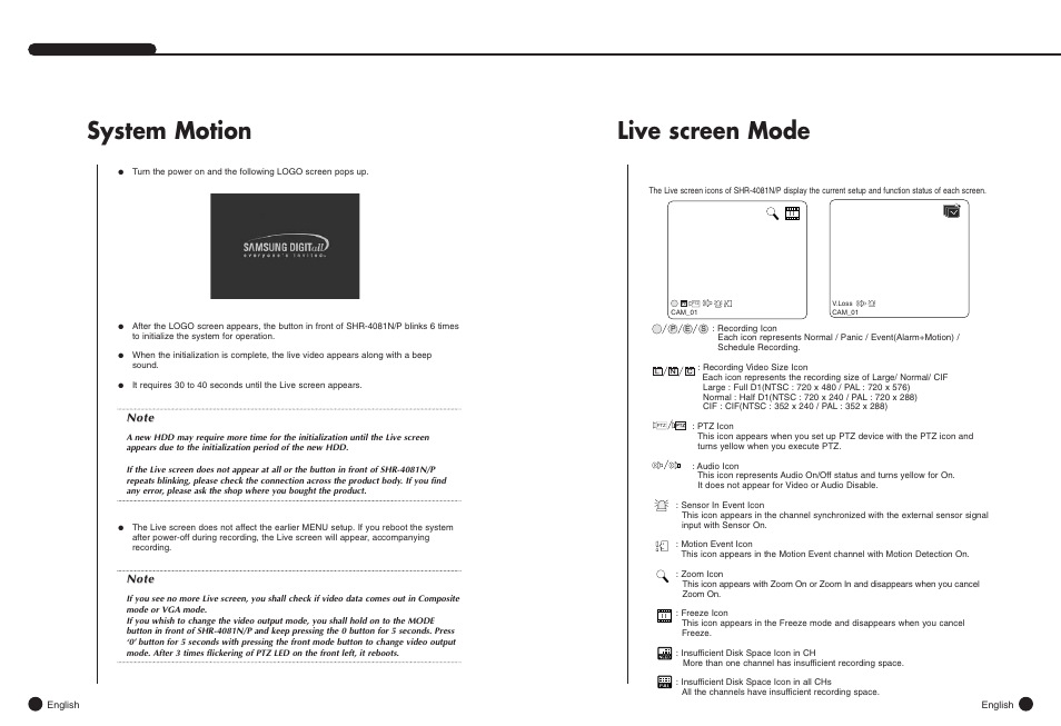 Live screen mode, System motion | Samsung SHR-4081N/P User Manual | Page 21 / 105