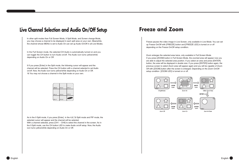 Live channel selection and audio on/off setup, Freeze and zoom | Samsung SHR-4081N/P User Manual | Page 23 / 105