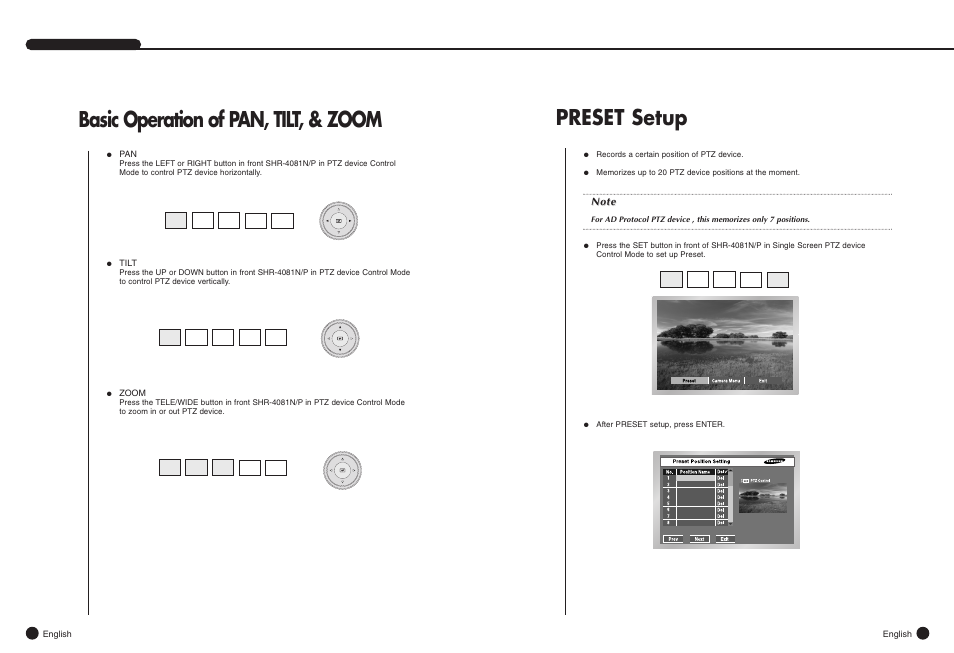 Basic operation of pan, tilt, & zoom, Preset setup | Samsung SHR-4081N/P User Manual | Page 44 / 105