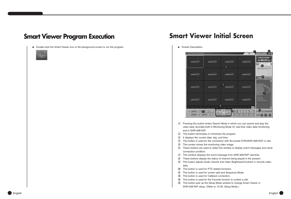 Smart viewer initial screen, Smart viewer program execution | Samsung SHR-4081N/P User Manual | Page 63 / 105