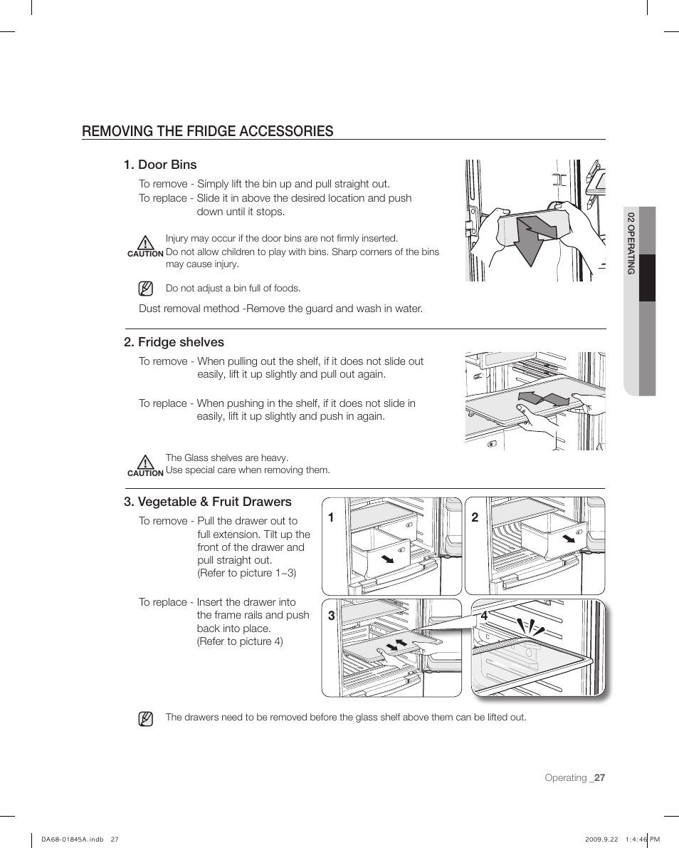 Removing the fridge accessories, Fridge shelves, Door bins | Vegetable & fruit drawers | Samsung RF195AB User Manual | Page 27 / 34
