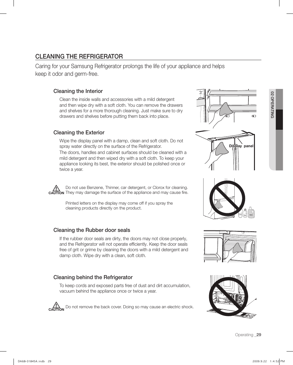 Cleaning the refrigerator, Cleaning the interior, Cleaning the rubber door seals | Cleaning behind the refrigerator, Cleaning the exterior | Samsung RF195AB User Manual | Page 29 / 34