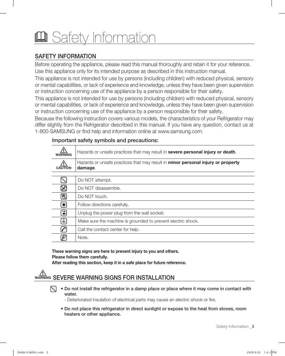 Safety information, Severe warning signs for installation | Samsung RF195AB User Manual | Page 3 / 34