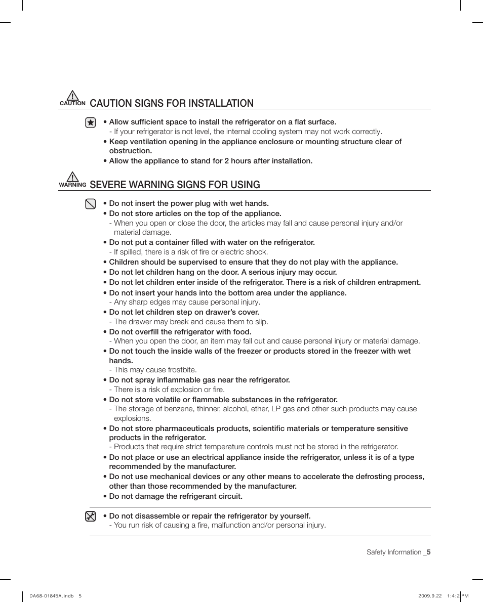 Caution signs for installation, Severe warning signs for using | Samsung RF195AB User Manual | Page 5 / 34