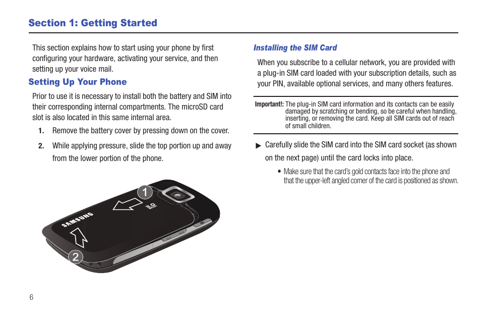 Section 1: getting started, Setting up your phone | Samsung GH46-00842A User Manual | Page 10 / 226