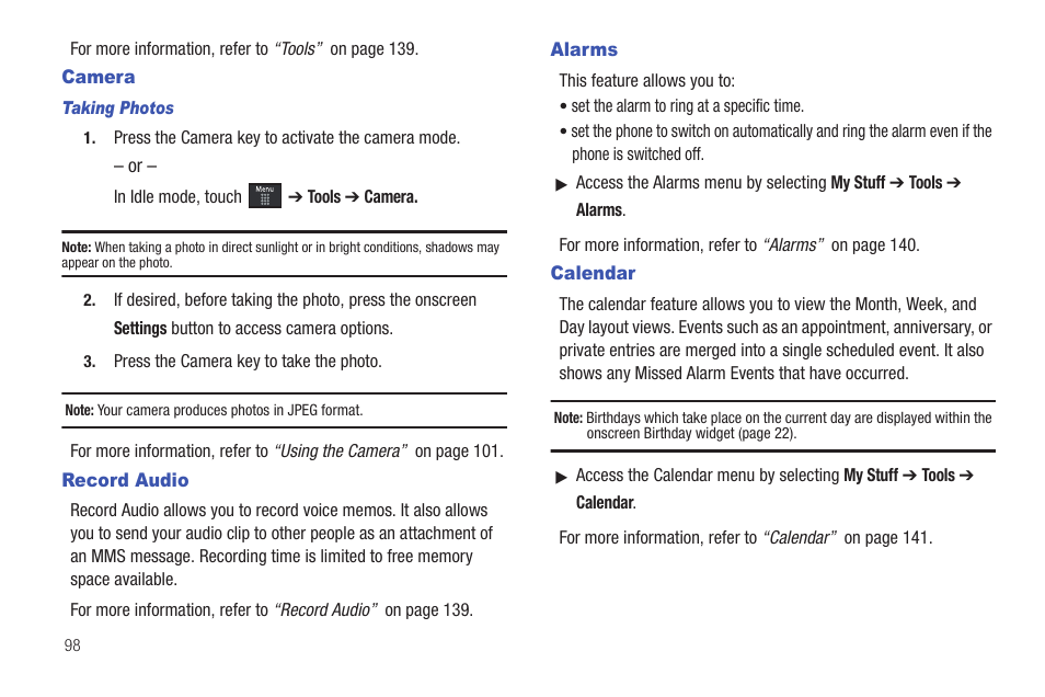 Camera, Record audio, Alarms | Calendar, Camera record audio alarms calendar | Samsung GH46-00842A User Manual | Page 102 / 226