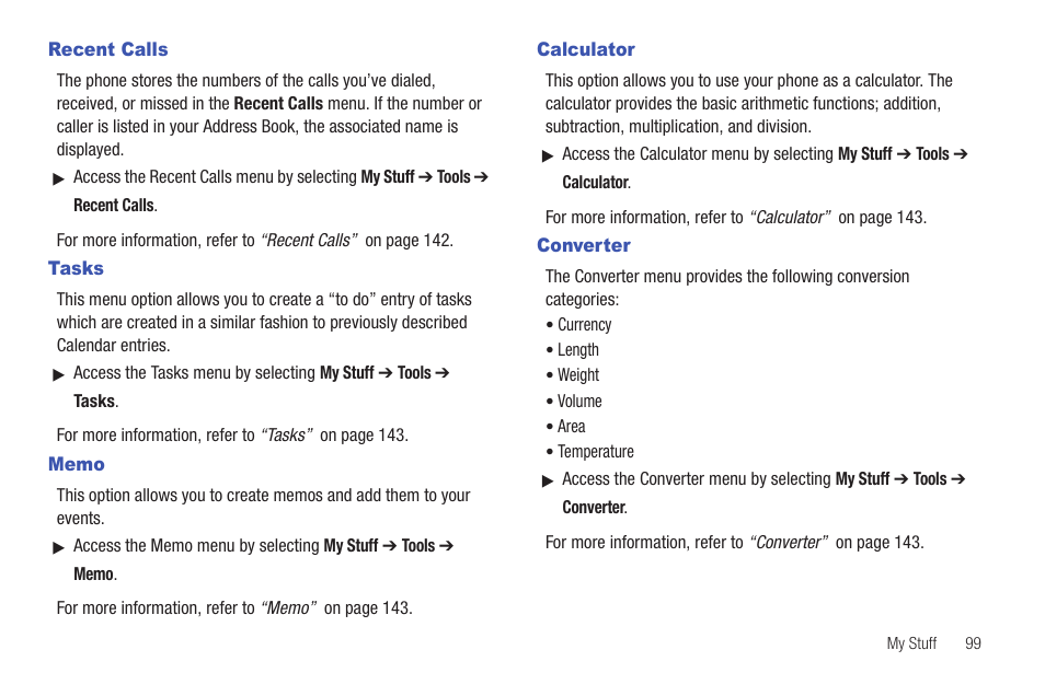 Recent calls, Tasks, Memo | Calculator, Converter, Recent calls tasks memo calculator | Samsung GH46-00842A User Manual | Page 103 / 226