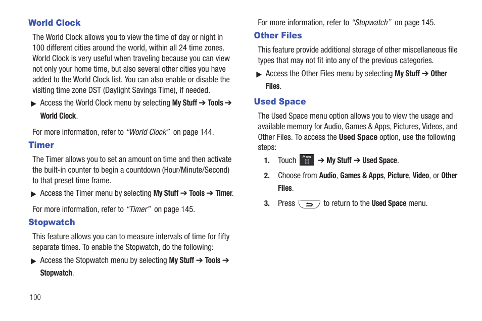 World clock, Timer, Stopwatch | Other files, Used space, World clock timer stopwatch other files used space | Samsung GH46-00842A User Manual | Page 104 / 226