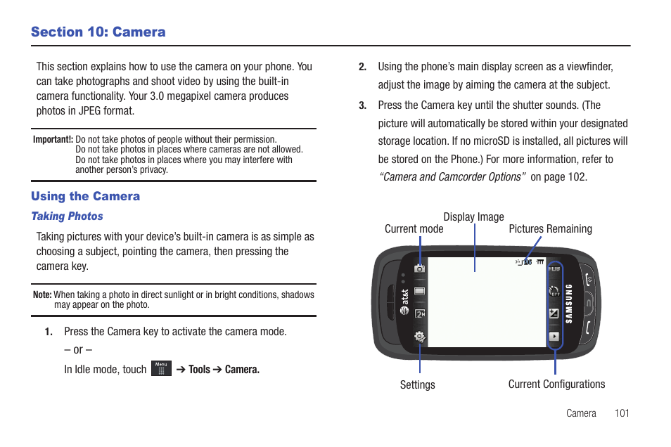 Section 10: camera, Using the camera | Samsung GH46-00842A User Manual | Page 105 / 226