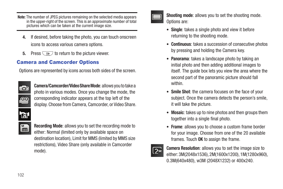 Camera and camcorder options | Samsung GH46-00842A User Manual | Page 106 / 226