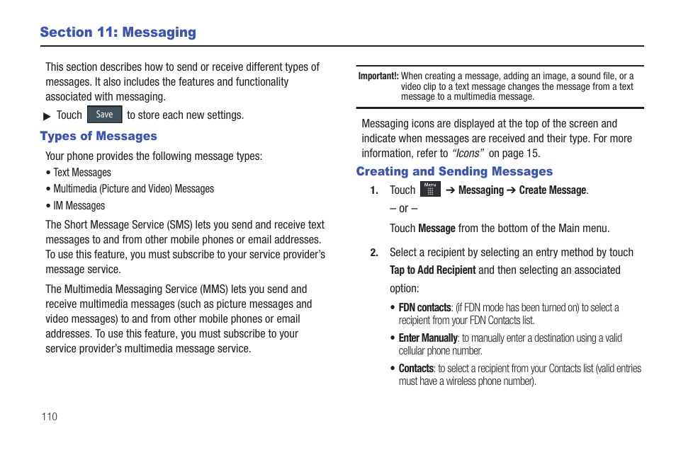 Section 11: messaging, Types of messages, Creating and sending messages | Types of messages creating and sending messages | Samsung GH46-00842A User Manual | Page 114 / 226